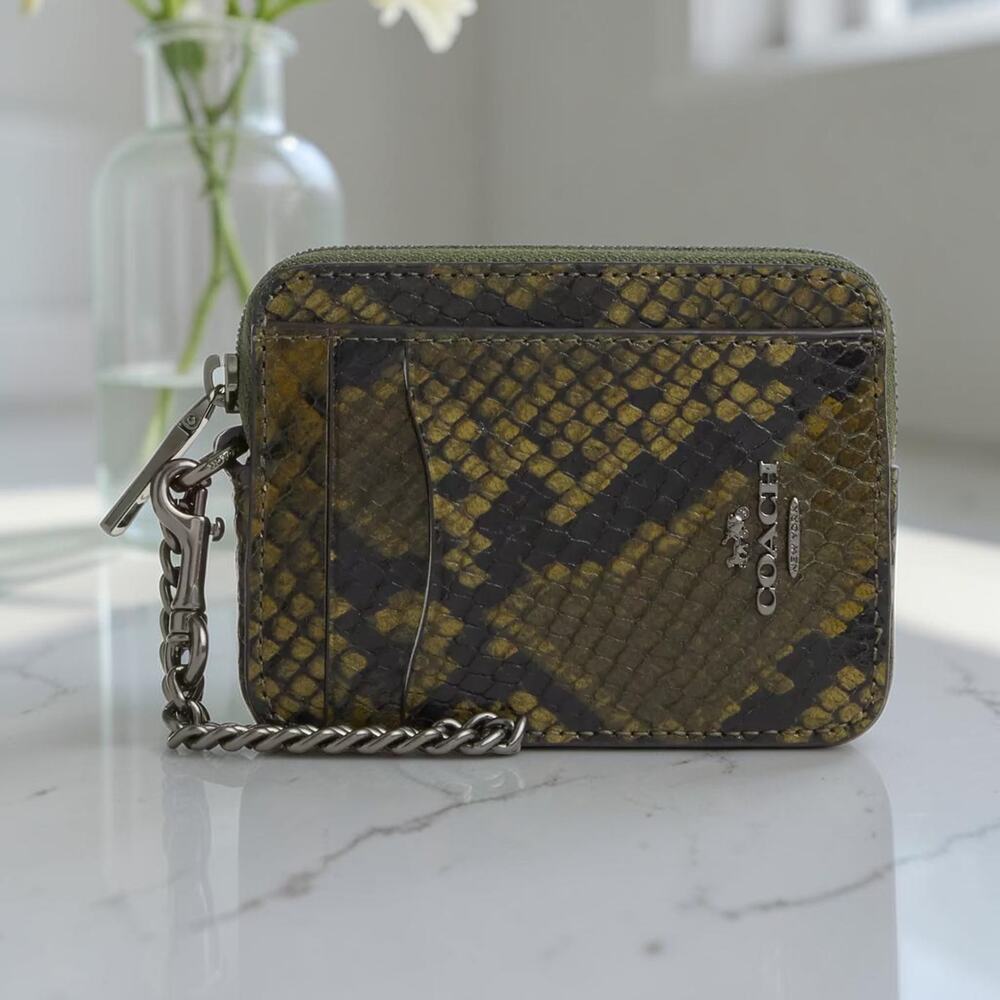 Coach Zip Card Case With Snake Print in Olive Multi CCO20